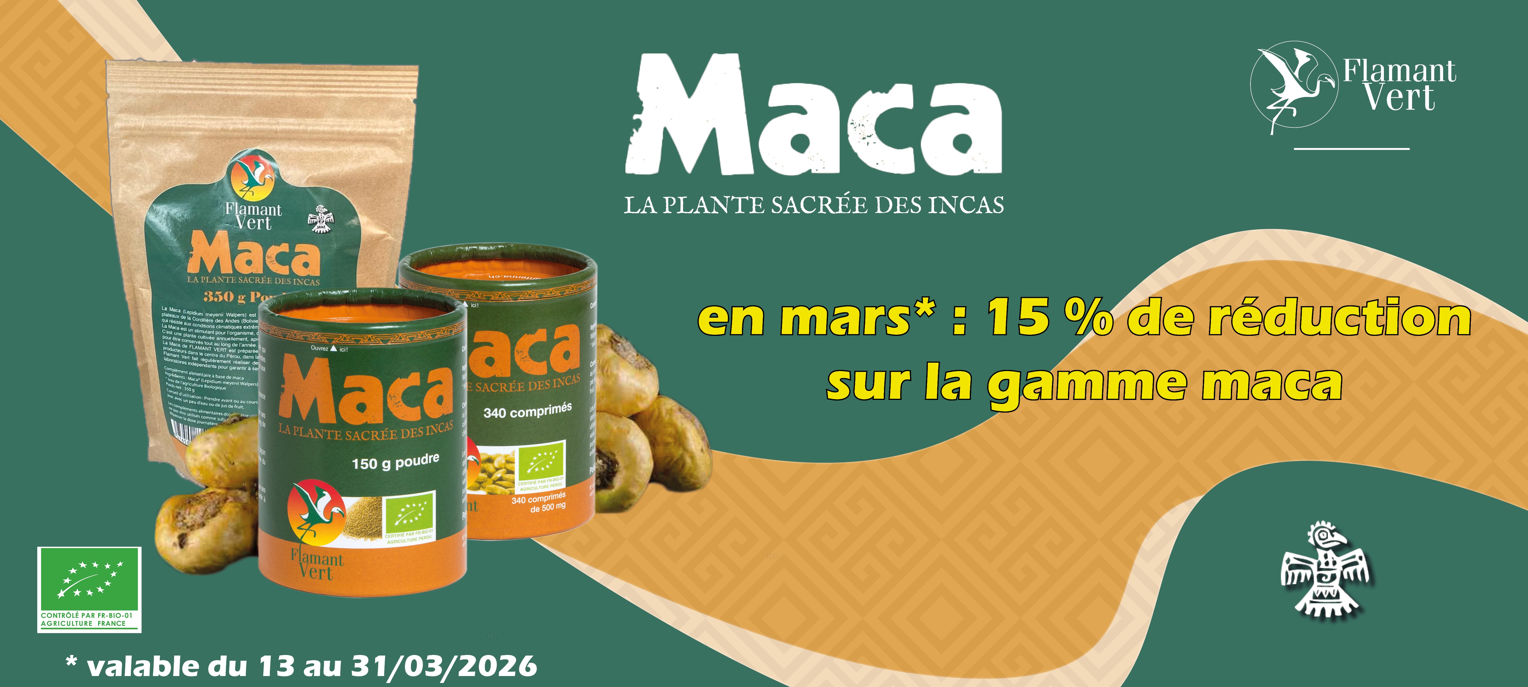 En mars profitez de réduction sur la Maca Flamant Vert